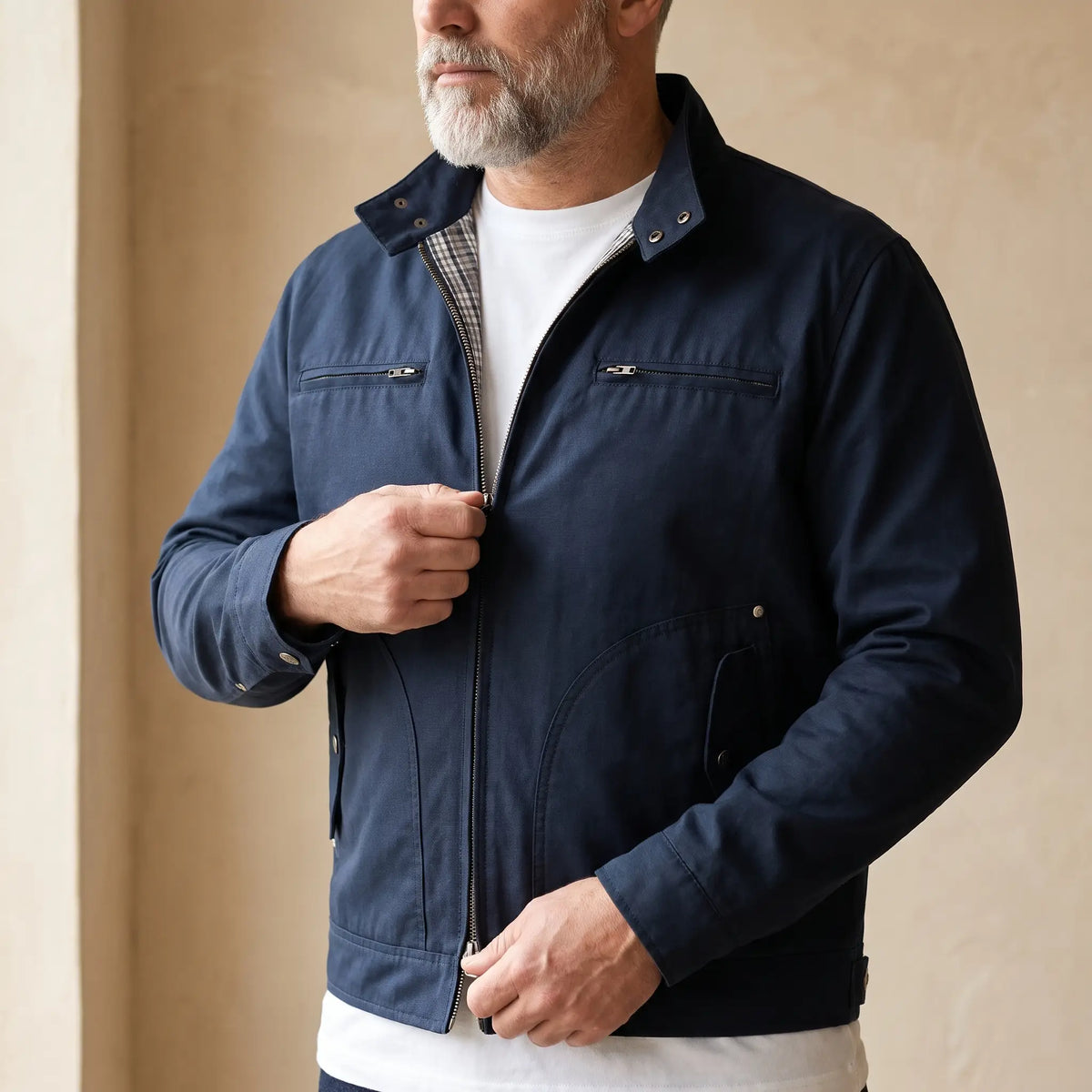 Check Collar Jacket in Navy Blue, worn open over a white tee