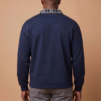 Back view of a navy blue check collar half-zip sweatshirt for men, showing the check collar at the back