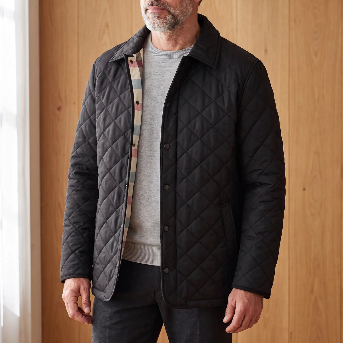 CHECK LINED JACKET in black, men's diamond-quilted snap jacket with check lining, worn over a grey knit