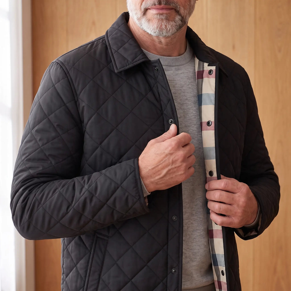 Man fastening the snaps on the CHECK LINED JACKET in black