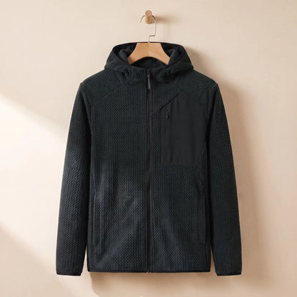 Men's black chevron knit hooded zip jacket on a wooden hanger