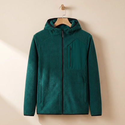 Men's green chevron knit hooded zip jacket on a wooden hanger