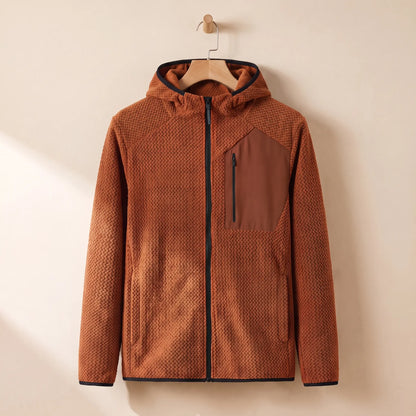 Men's burnt orange chevron knit hooded zip jacket on a wooden hanger