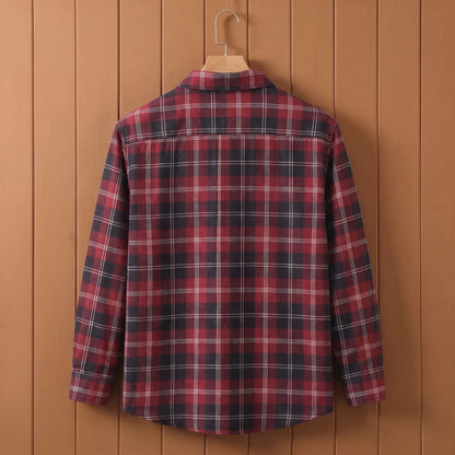 Back view of red plaid long-sleeve shirt on a wooden hanger