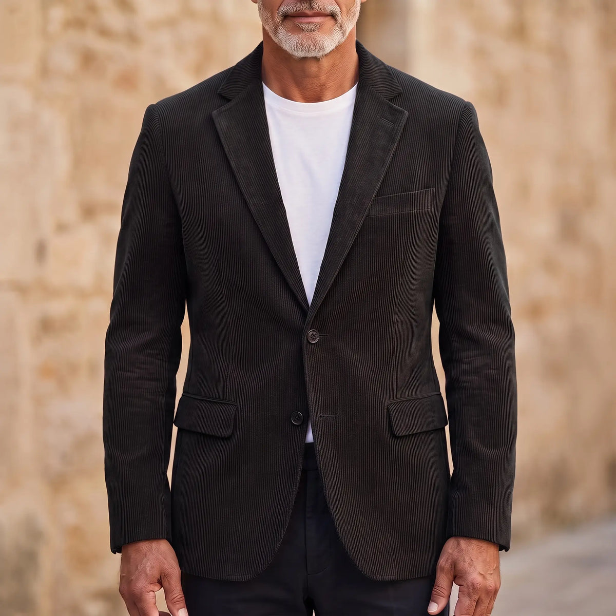 Man wearing black classic corduroy blazer buttoned over a white tee