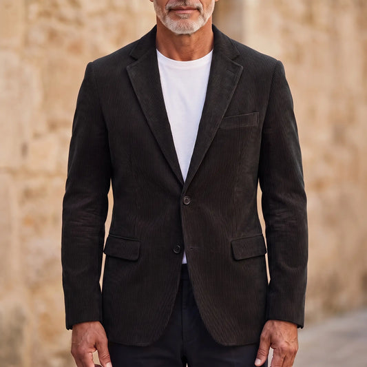 Man wearing black classic corduroy blazer buttoned over a white tee