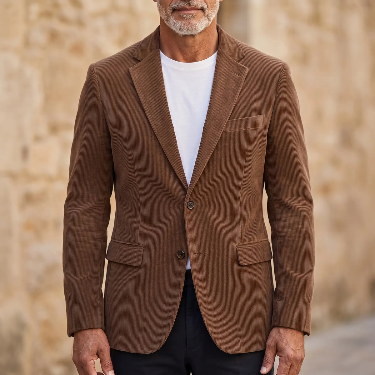 Man wearing brown classic corduroy blazer buttoned over a white tee