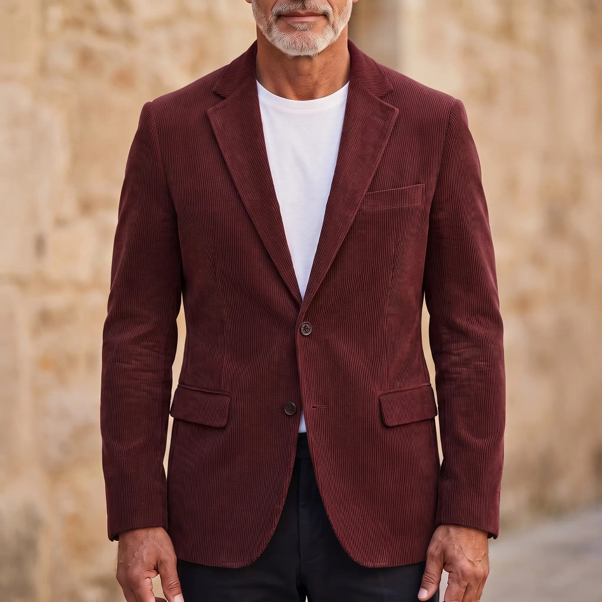 Man wearing red classic corduroy blazer buttoned over a white tee