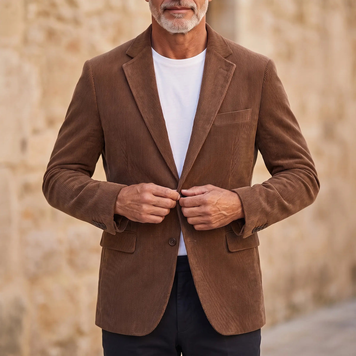 Man fastening the button of a brown classic corduroy blazer