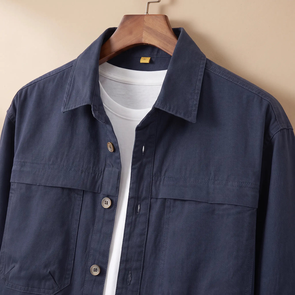 Classic Cotton Overshirt in Navy Blue, collar and chest pocket close-up
