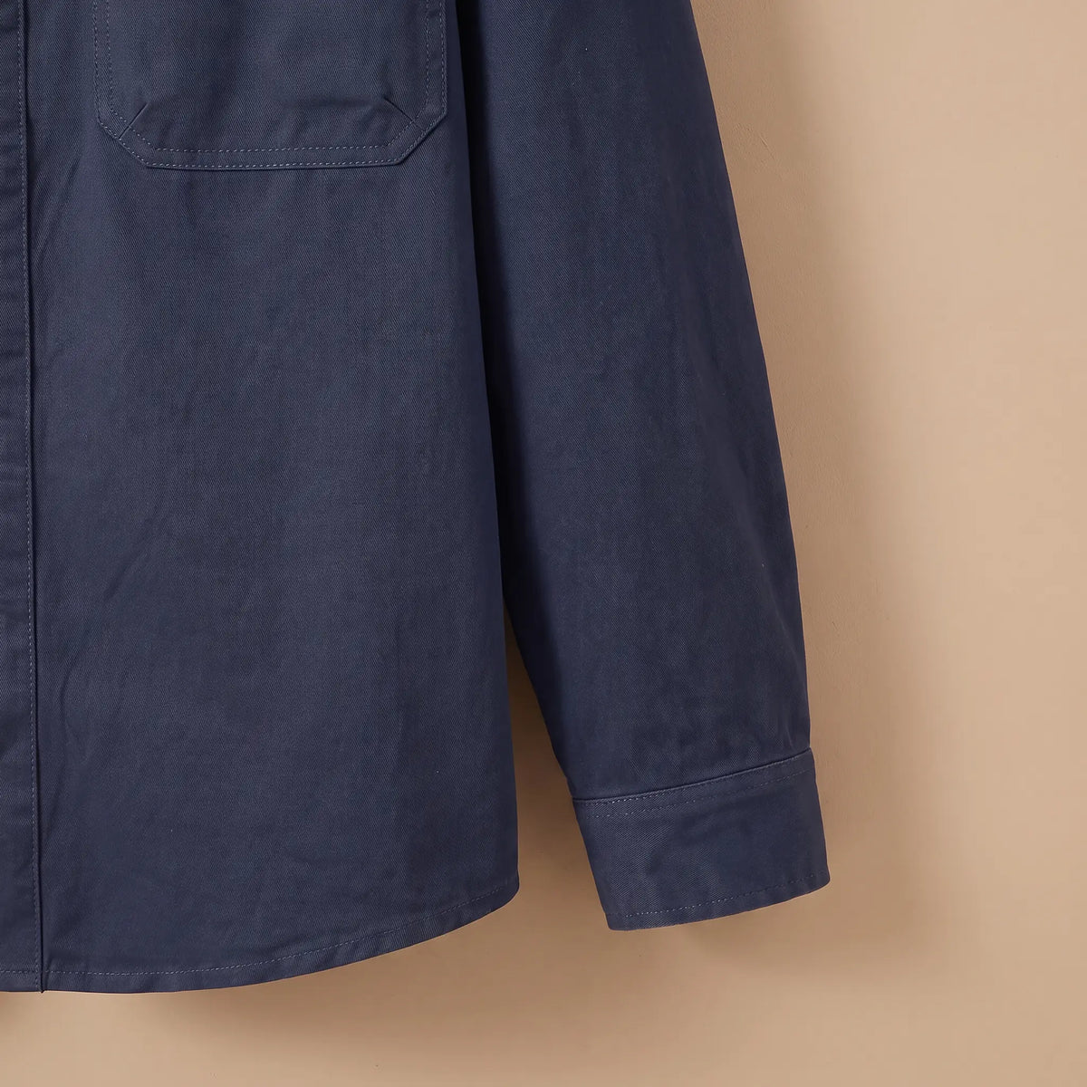 Classic Cotton Overshirt in Navy Blue, buttoned cuff and hem close-up