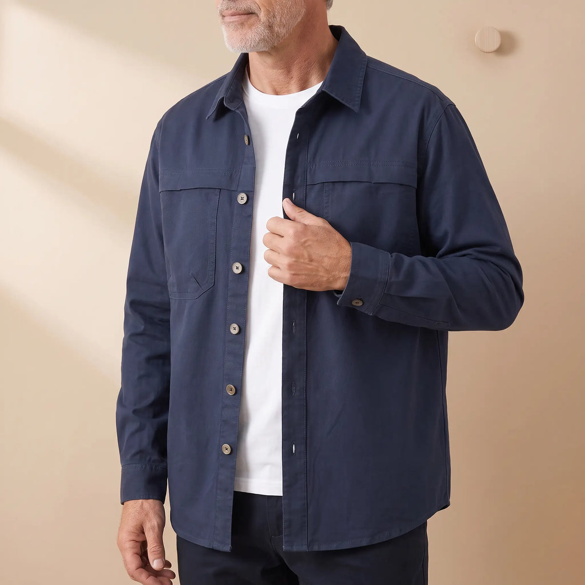 Classic Cotton Overshirt in Navy Blue worn open over a white tee