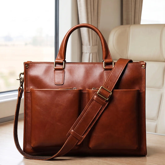 Classic leather briefcase in brown genuine leather with two zip front pockets and shoulder strap