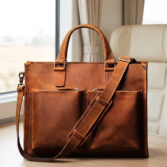 Classic leather briefcase in tan genuine leather with two zip front pockets and shoulder strap