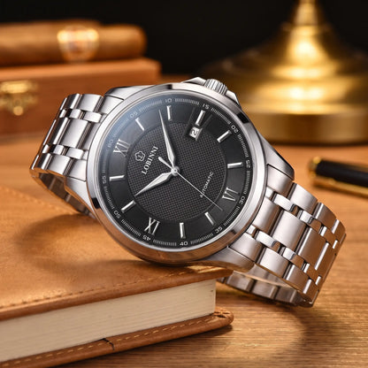 CLASSIC STEEL AUTOMATIC Black Silver - men's steel automatic watch, black textured dial, silver Roman numerals, steel bracelet