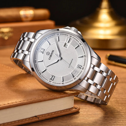 CLASSIC STEEL AUTOMATIC White Silver - men's steel automatic watch, white textured dial, silver Roman numerals, steel bracelet