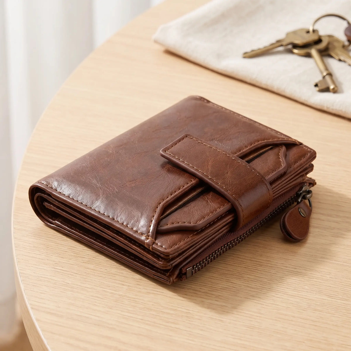 Men's brown strap tab bifold wallet with zip coin pocket on an oak table