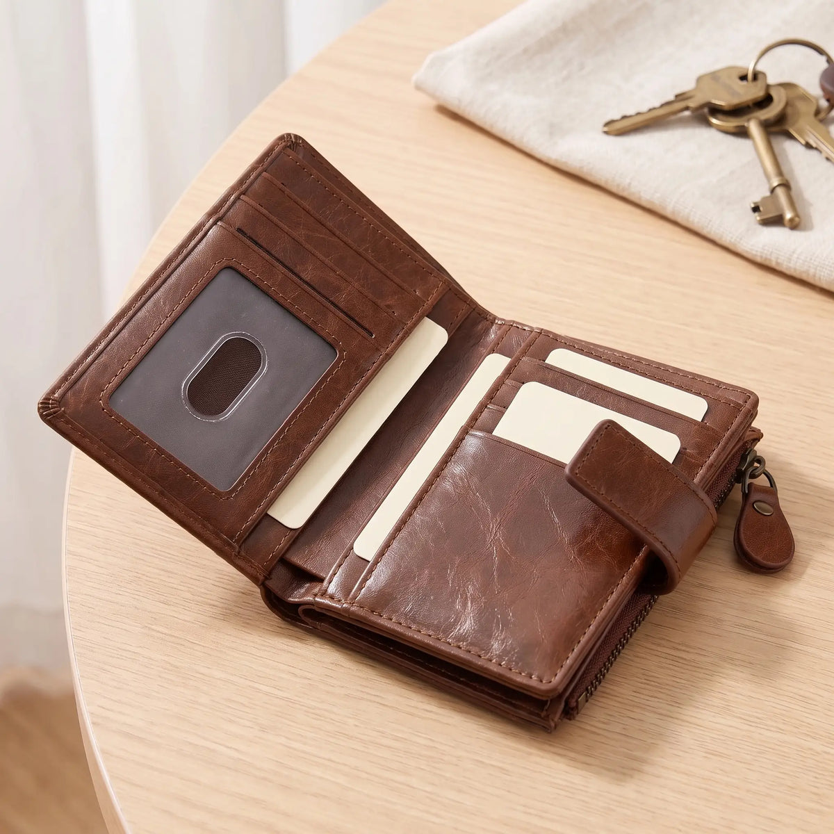 Open brown tab wallet showing ID window and card slots