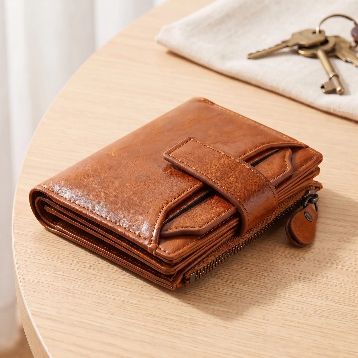 Men's tan strap tab bifold wallet with zip coin pocket on an oak table