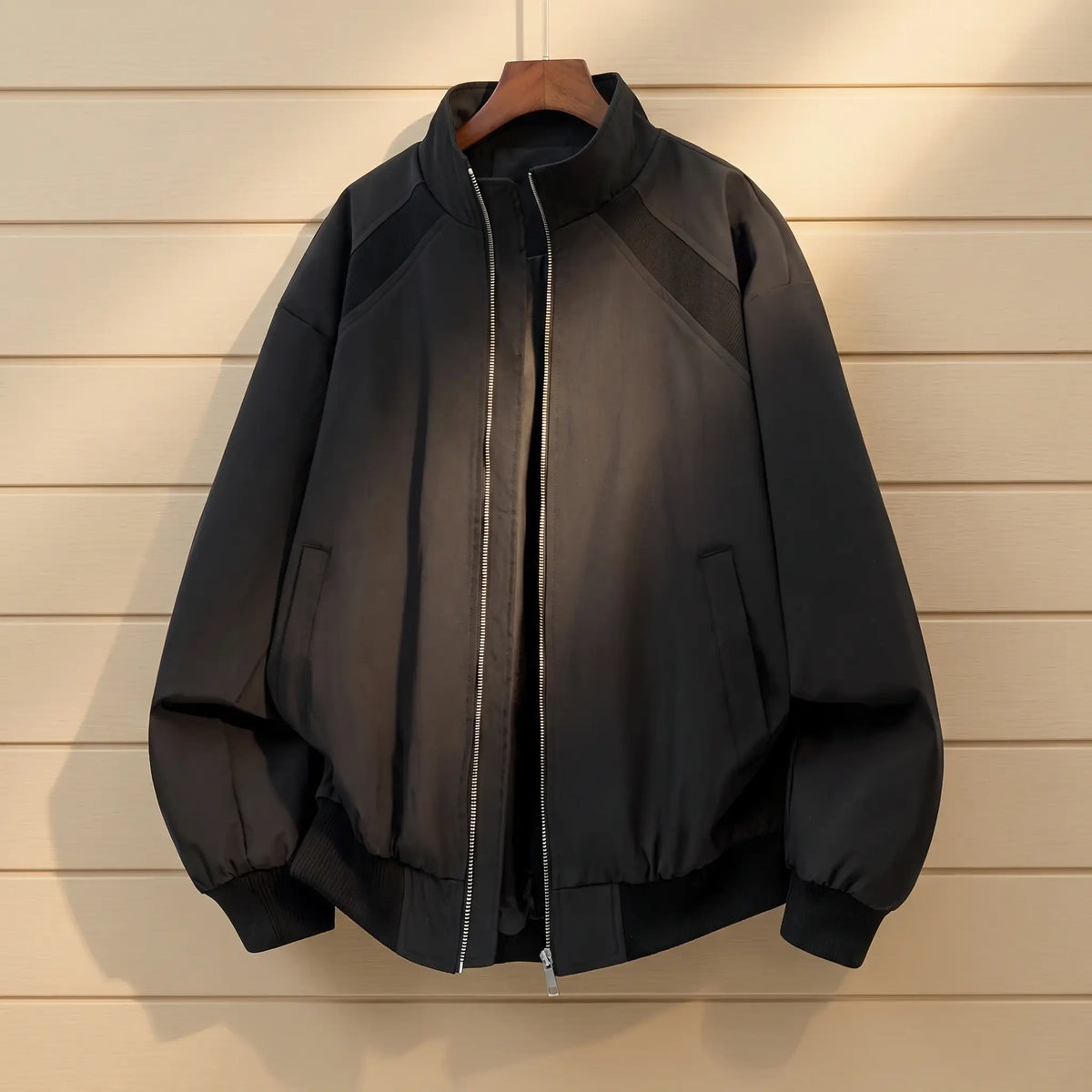 CLASSIC ZIP BOMBER in black, men's oversized stand collar zip bomber jacket with washed finish