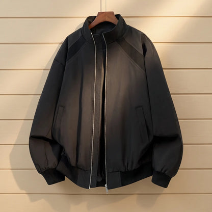 CLASSIC ZIP BOMBER in black, men's oversized stand collar zip bomber jacket with washed finish
