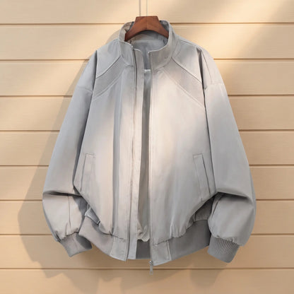 CLASSIC ZIP BOMBER in gray, men's oversized stand collar zip bomber jacket with washed finish