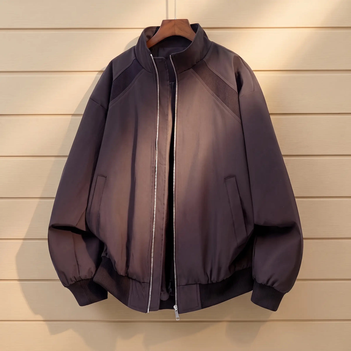CLASSIC ZIP BOMBER in purple, men's oversized stand collar zip bomber jacket with washed finish