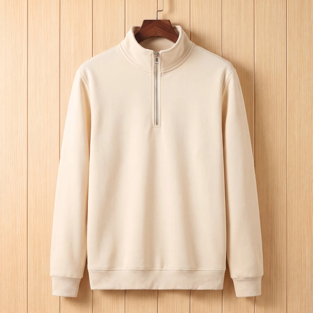 Men's beige half-zip stand collar sweatshirt on a wooden hanger