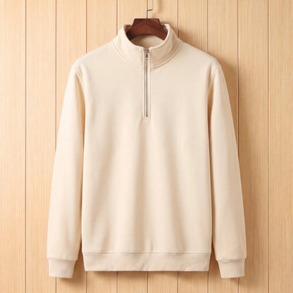 Men's beige half-zip stand collar sweatshirt on a wooden hanger