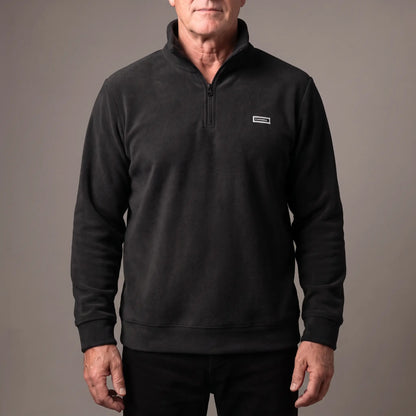 CLEAN FRONT FLEECE in black, men's brushed fleece quarter-zip pullover with a tall stand collar