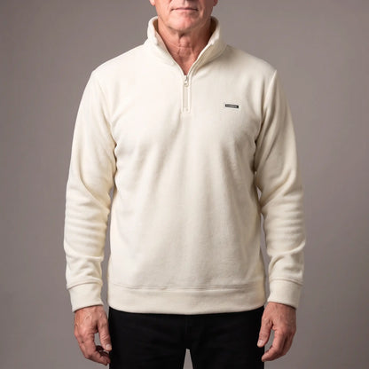 CLEAN FRONT FLEECE in cream, men's brushed fleece quarter-zip pullover with a tall stand collar