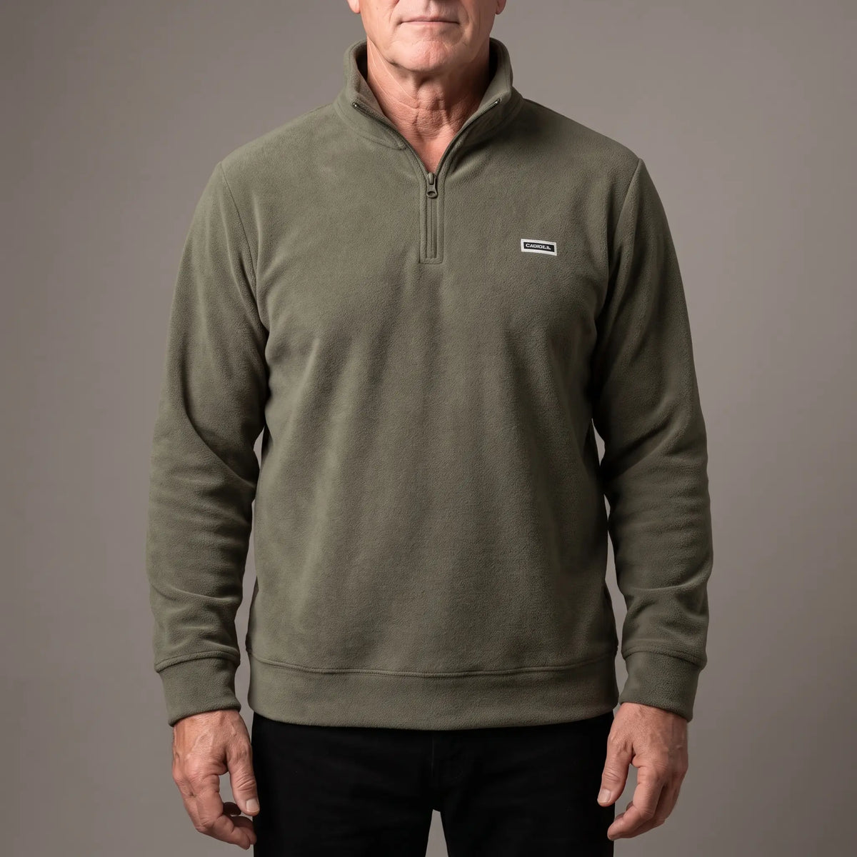 CLEAN FRONT FLEECE in olive, men's brushed fleece quarter-zip pullover with a tall stand collar