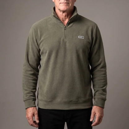 CLEAN FRONT FLEECE in olive, men's brushed fleece quarter-zip pullover with a tall stand collar