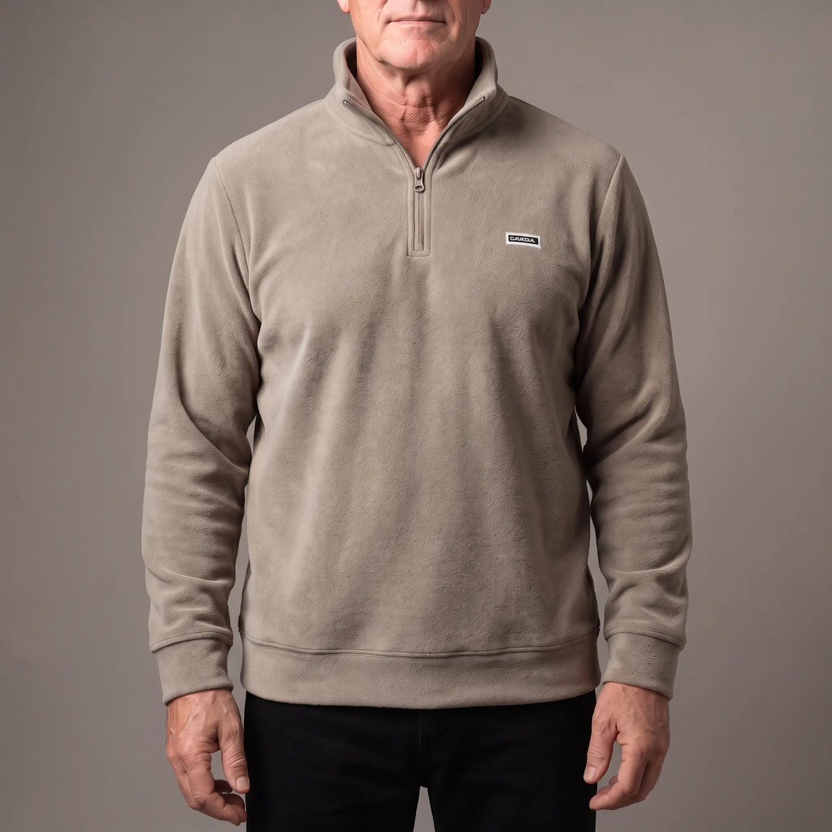 CLEAN FRONT FLEECE in sand, men's brushed fleece quarter-zip pullover with a tall stand collar