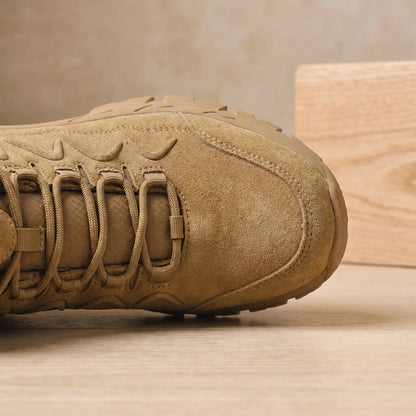 Cleated Hiking Boots in Brown, toe and lacing close-up