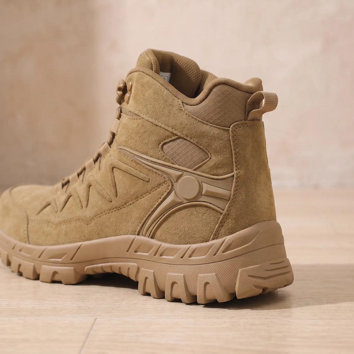 Cleated Hiking Boots in Brown, heel and cleated sole close-up