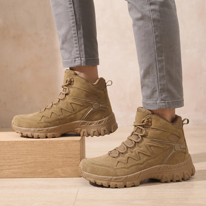 Cleated Hiking Boots in Brown worn as a pair with grey chinos