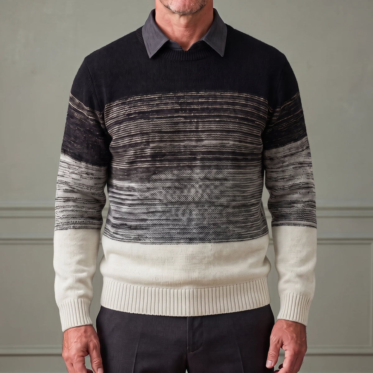 Black men's ombre knit sweater with built-in dark grey shirt collar, worn