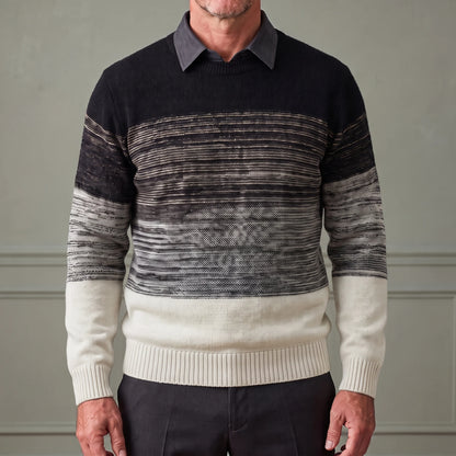 Black men's ombre knit sweater with built-in dark grey shirt collar, worn