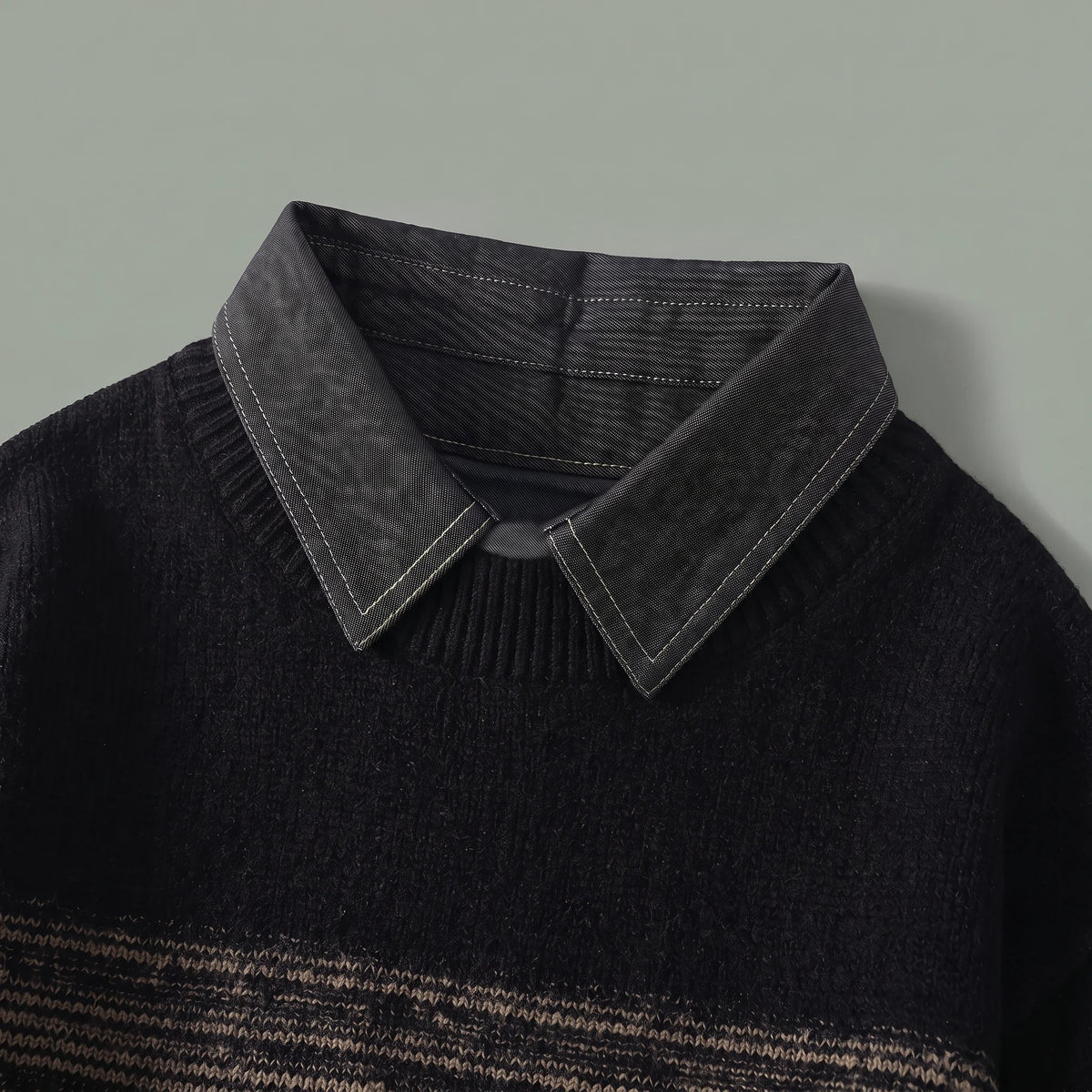 Close up of the built-in shirt collar with contrast stitching on the ombre knit sweater