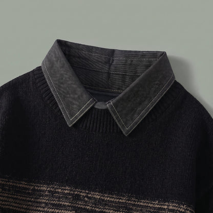 Close up of the built-in shirt collar with contrast stitching on the ombre knit sweater