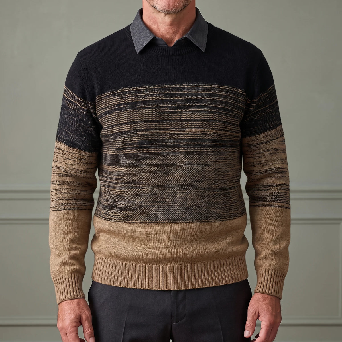 Khaki men's ombre knit sweater with built-in dark grey shirt collar, worn