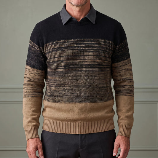 Khaki men's ombre knit sweater with built-in dark grey shirt collar, worn