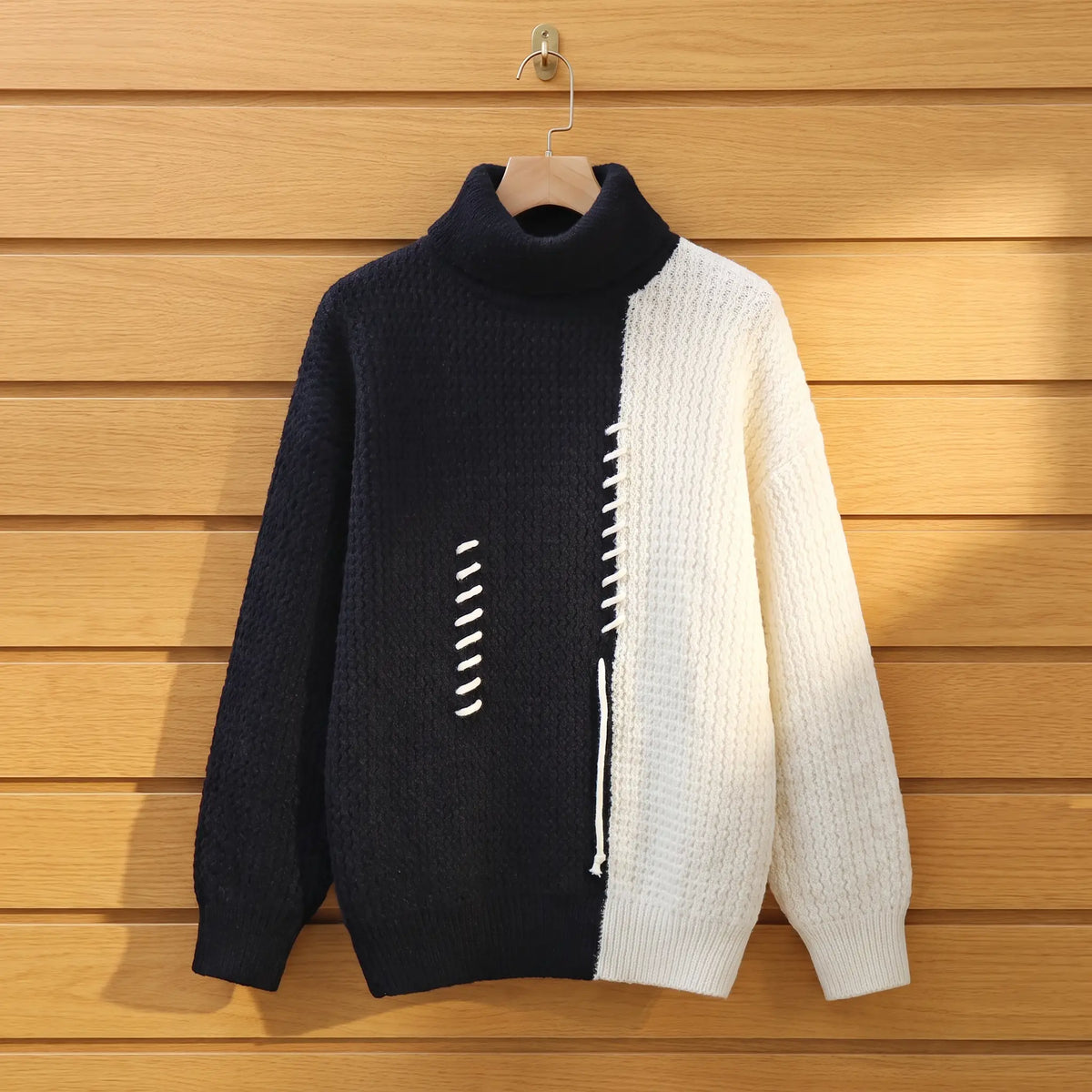 Men's black and cream colour block knit turtleneck on a wooden hanger