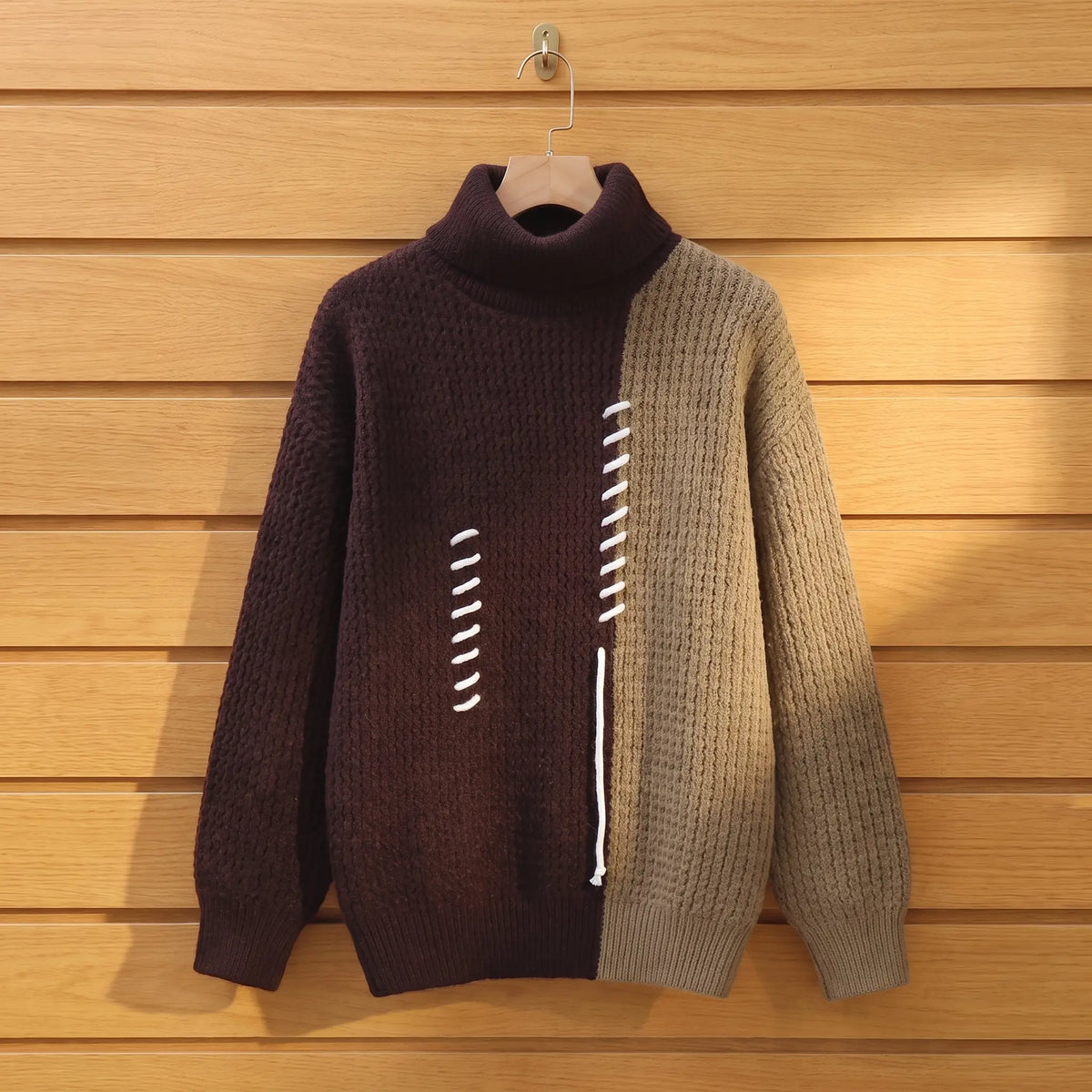 Men's brown and tan colour block knit turtleneck on a wooden hanger