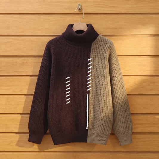 Men's brown and tan colour block knit turtleneck on a wooden hanger