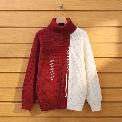 Men's red and cream colour block knit turtleneck on a wooden hanger