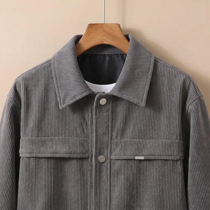Corduroy Snap Jacket in Grey, collar, snaps and chest flap detail