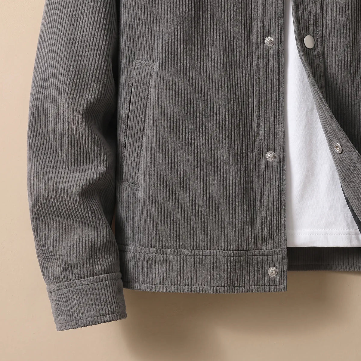 Corduroy Snap Jacket in Grey, cuff, side pocket and hem detail