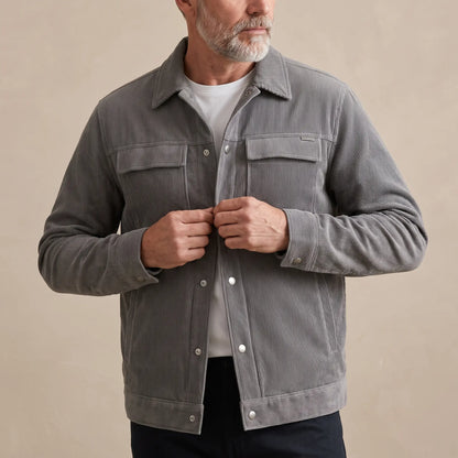 Corduroy Snap Jacket in Grey, worn over a white tee